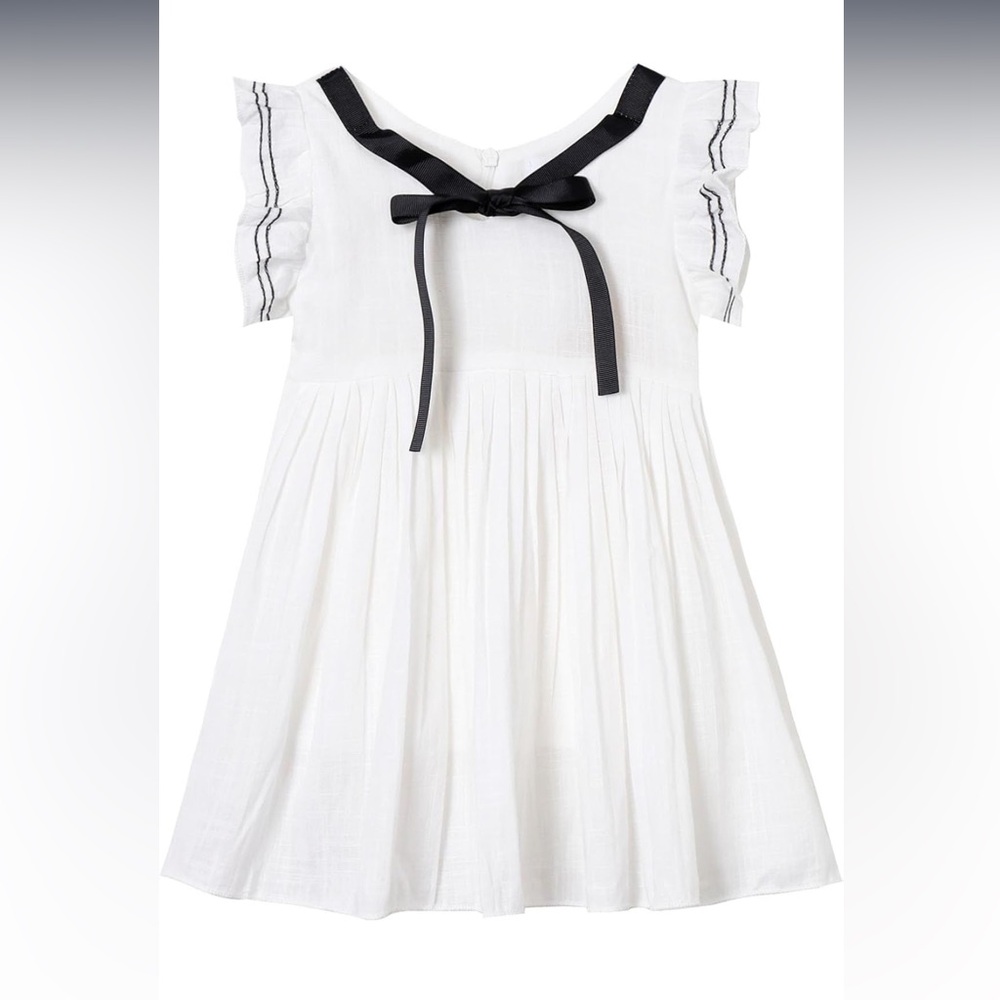 Mud Kingdom Girls White Ruffle Sleeve Dress Black Ribbon Bow Size 7 / 140 cm